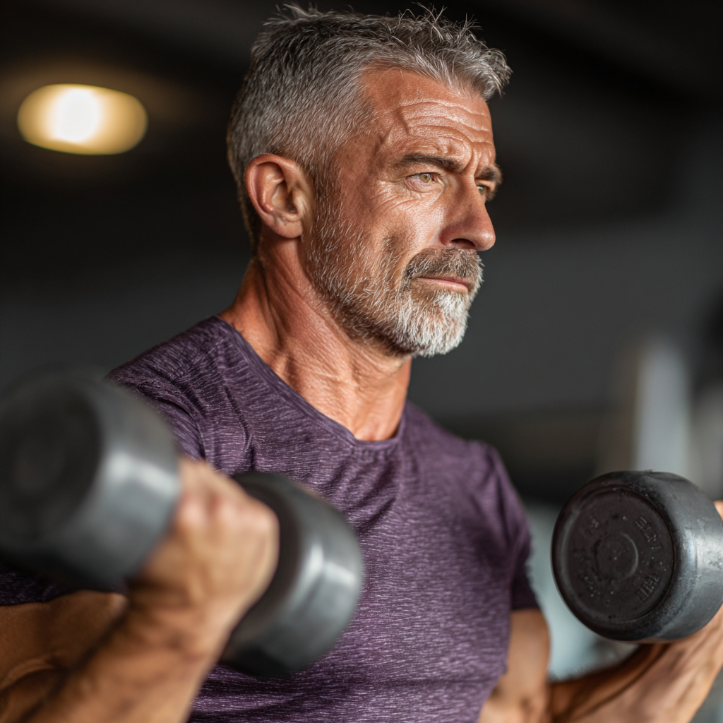 Чоловік 55 років виконує силові вправи з гантелями в спортзалі, демонструючи правильну техніку