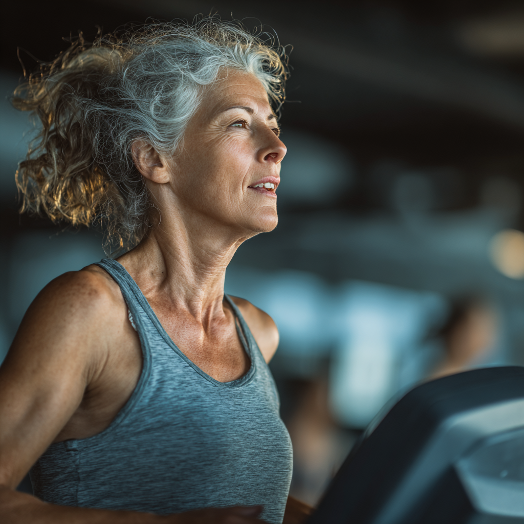 Жінка 58 років під час кардіо тренування на біговій доріжці, показує високий рівень витривалості