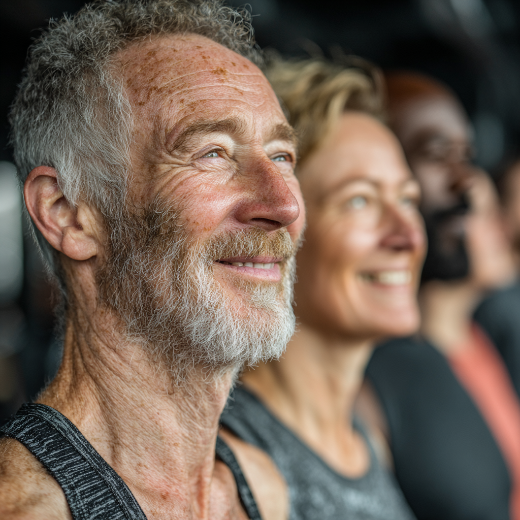 Група людей віком 50-60 років мотивовано тренується разом, підтримуючи один одного